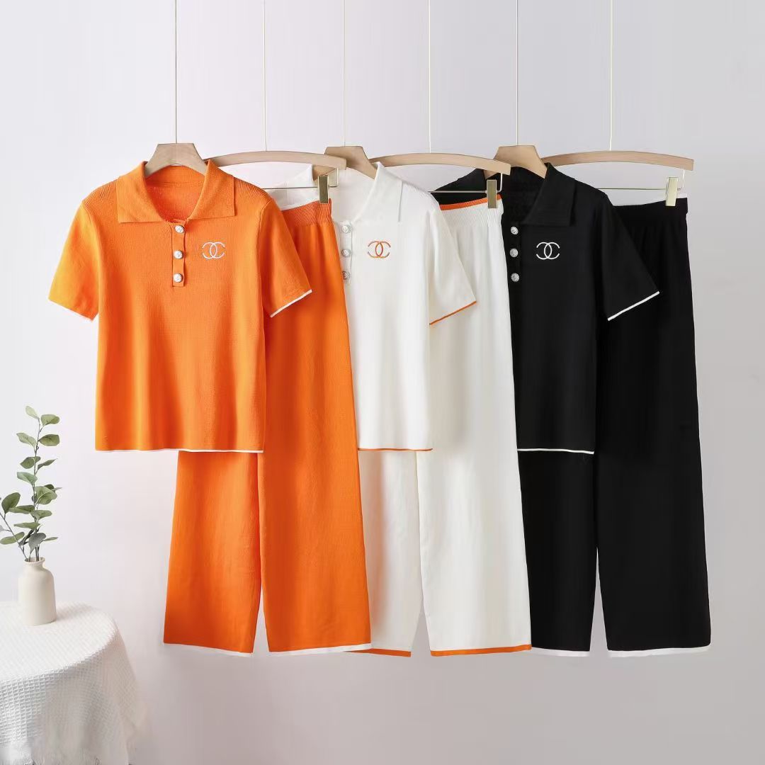 25 Spring New Zipper Small High Neck Knitted Short Sleeve+Casual Pants Two Piece Set Three Color Women's Foreign Trade