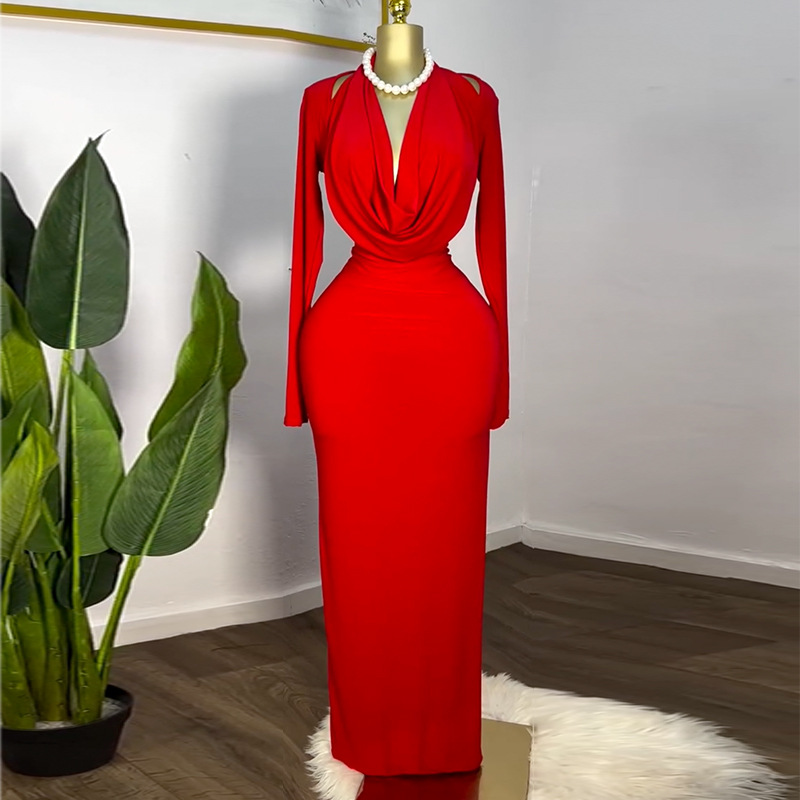 European and American Cross border Women's Clothing 2025 Spring New Sweet and Fresh Stacked Collar High Waist Bag Hip Dress Long Skirt