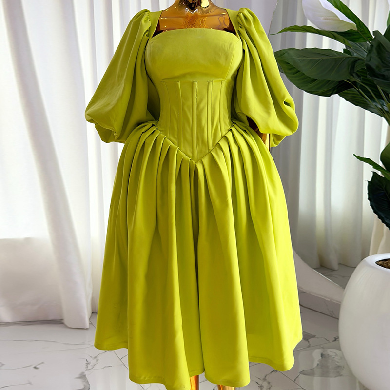 European and American women's clothing 2024 autumn new item sweet and fresh square collar waist tied lantern sleeves A-line dress long skirt