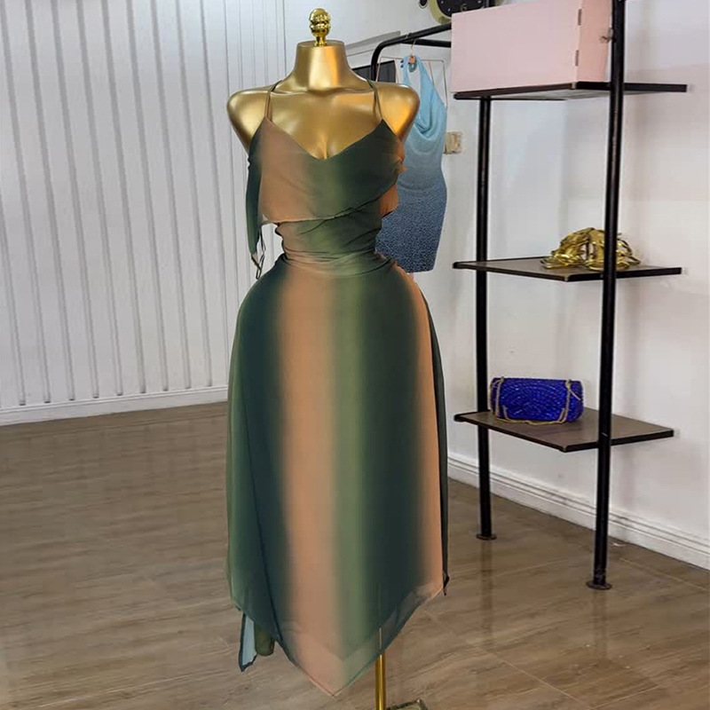 European and American cross-border women's clothing 2025 summer new style temperament V-neck printed high waisted backless suspender mid length dress