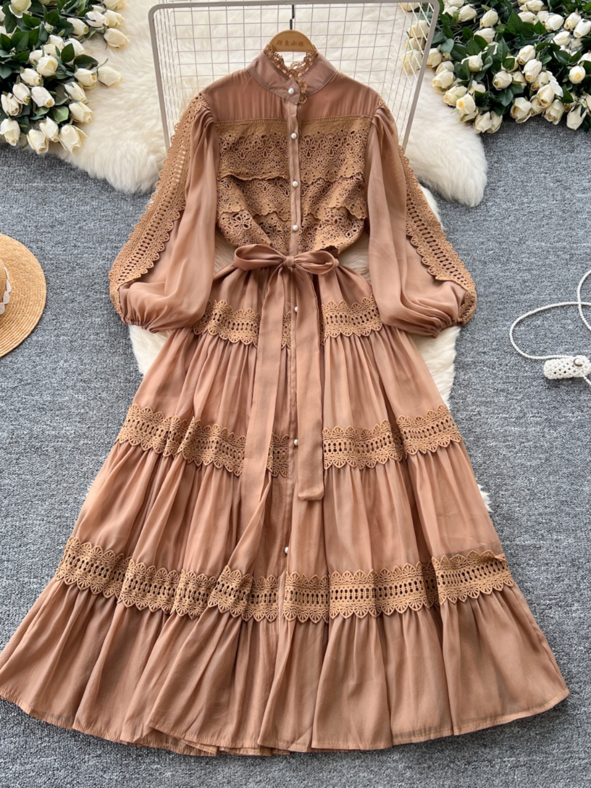 French retro court style hollowed out crochet lace patchwork stand up collar, single breasted cinched waist, Western style big swing dress for women
