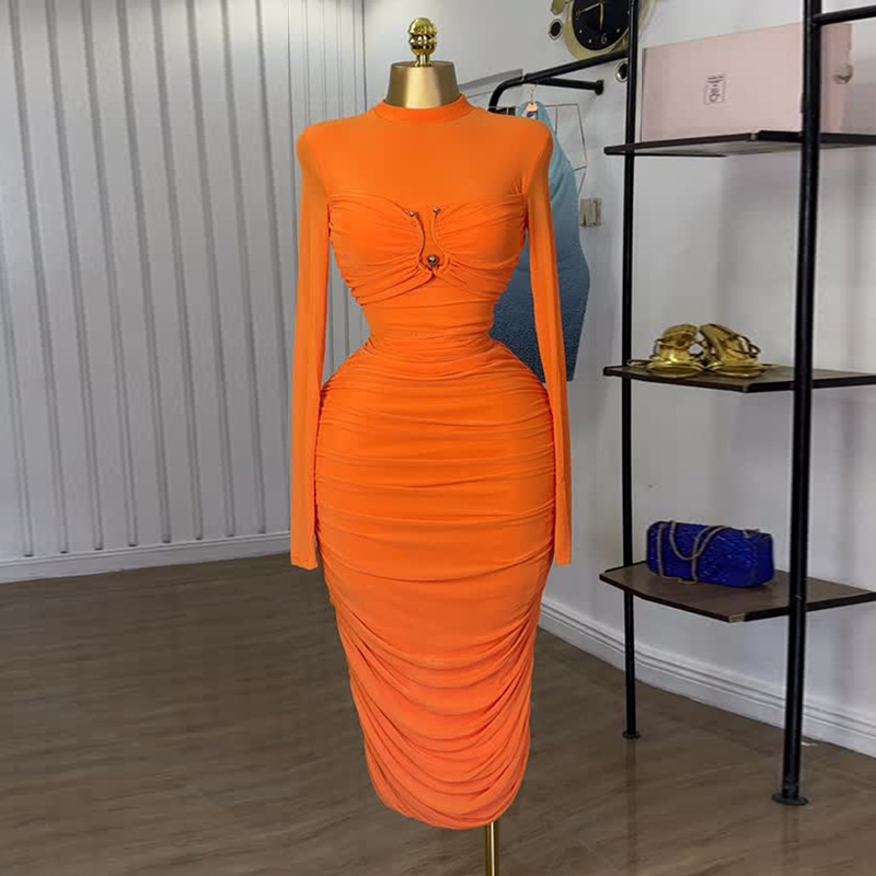 European and American women's clothing 2025 summer new sweet and fresh stand up collar long sleeved high waist slimming pencil skirt dress