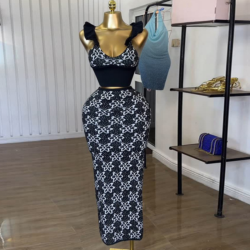 European and American cross-border women's clothing 2025 summer new style temperament printed camisole vest high waisted hip hugging skirt set