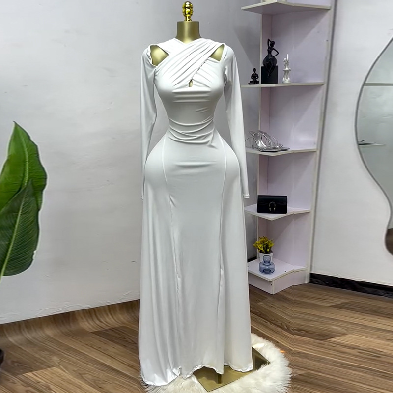 European and American women's clothing 2025 spring new sweet and fresh cross neck long sleeved high waisted slimming A-line dress long skirt