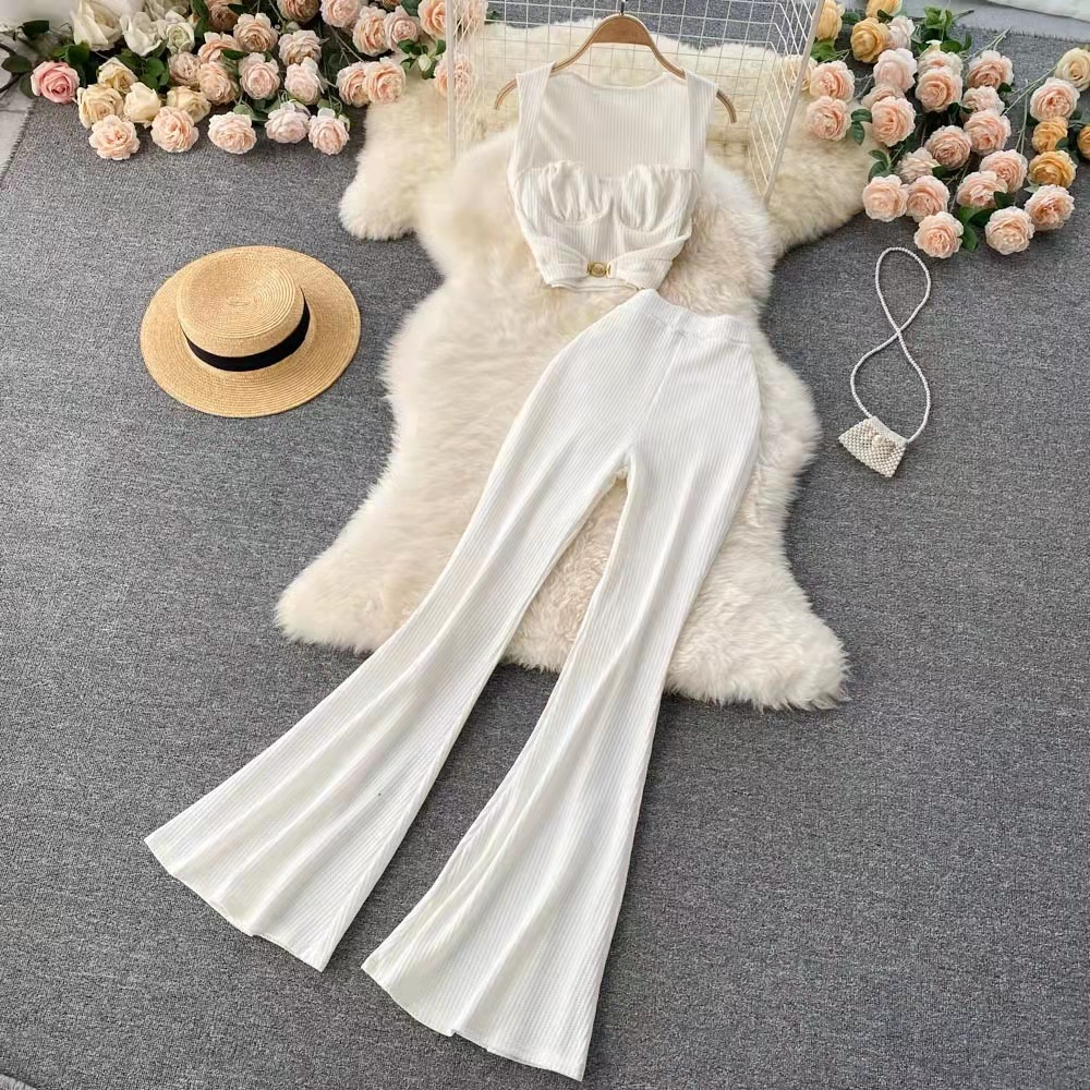 Cross border foreign trade fashion set, female sexy low neck short top, versatile high waisted flared pants, fashionable two-piece set