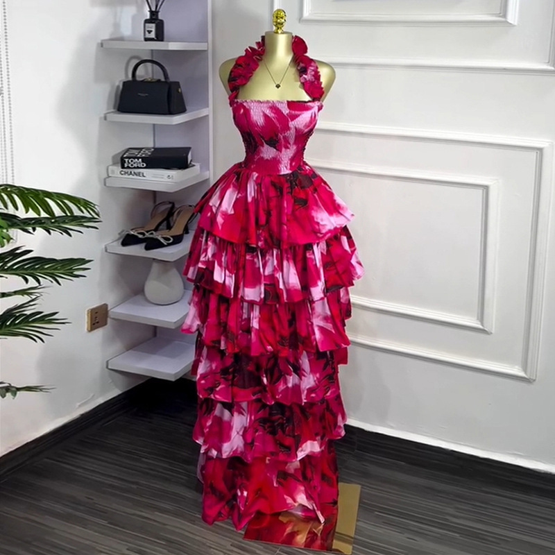 European and American cross-border women's clothing 2025 autumn new style temperament hanging neck backless beach skirt lotus leaf side length dress