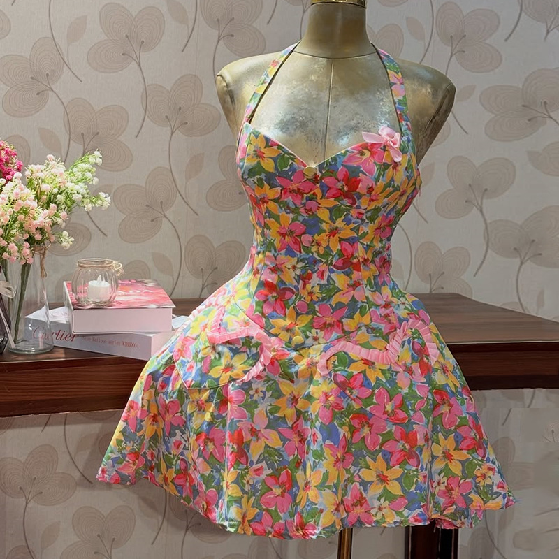 European and American cross-border women's clothing 2025 summer new style small fresh temperament printed neck hanging high waist A-line short dress