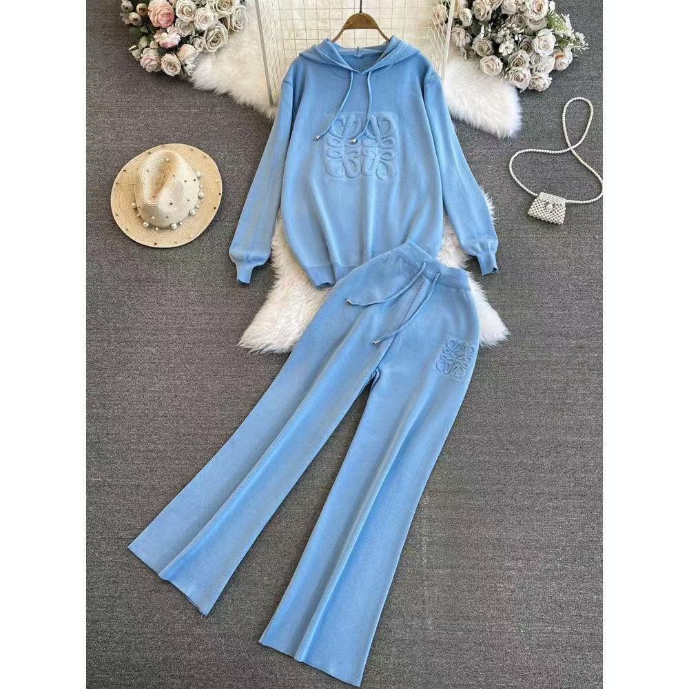 American style three-dimensional heavy industry new knitted hooded hood and wide leg pants set, fashionable foreign trade style, simple temperament, two pieces