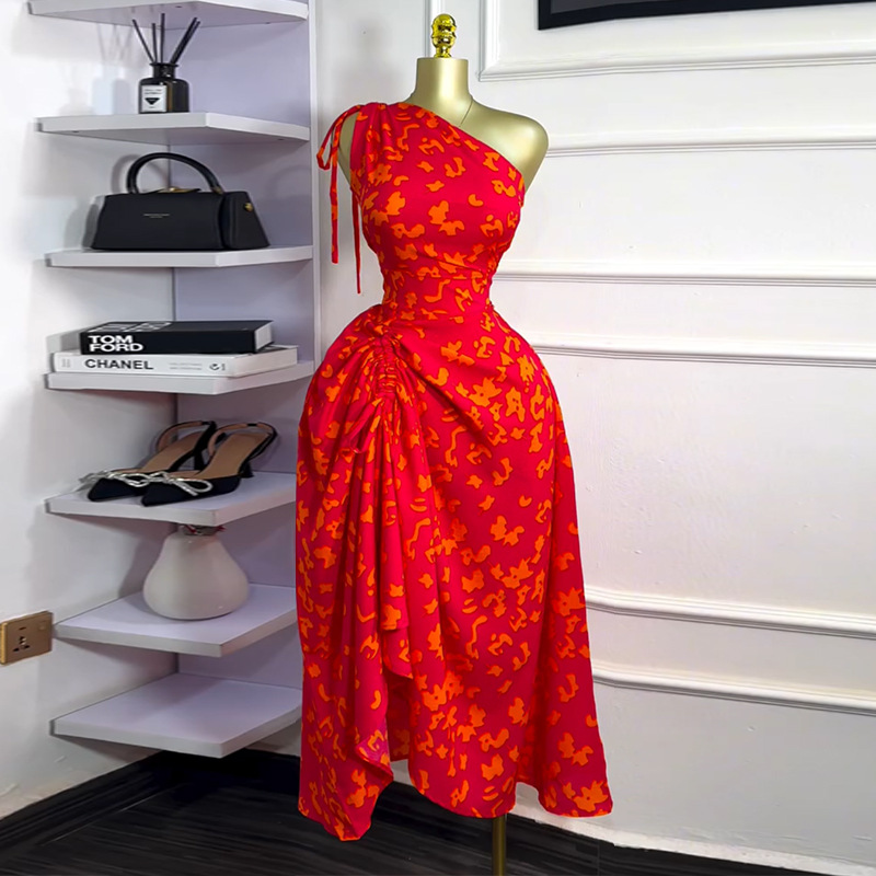 European and American women's clothing 2025 summer new sweet and fresh sloping shoulder collar drawstring high waist slimming A-line dress long skirt