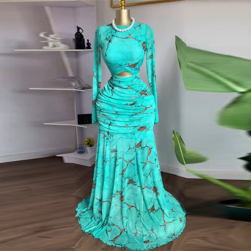 European and American women's clothing 2025 autumn new item sweet and fresh printed round neck hollow out long sleeved high waisted dress long skirt