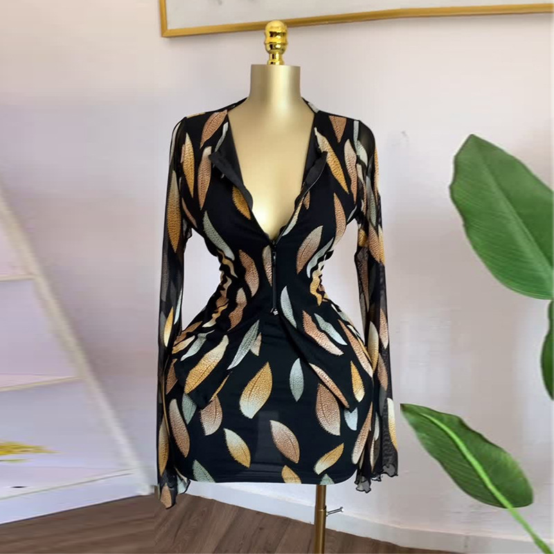 European and American women's clothing 2025 new sweet and fresh printed zipper half open collar long sleeved high waist slimming dress short skirt