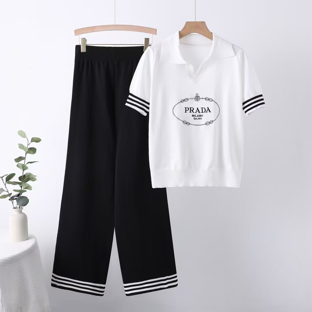 Summer fashion short sleeved letter printed pullover top, wide leg pants, knitted foreign trade two-piece set, sports and leisure suit