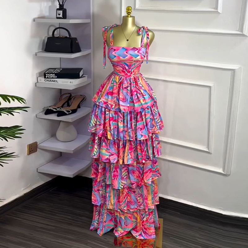 European and American women's clothing 2025 summer new sweet and fresh printed suspender high waisted cake skirt dress long skirt
