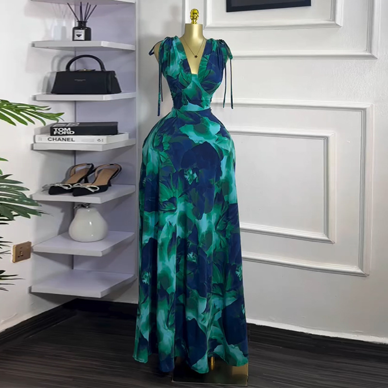 European and American women's clothing 2025 summer new sweet and fresh print V-neck high waist slimming A-line dress long skirt