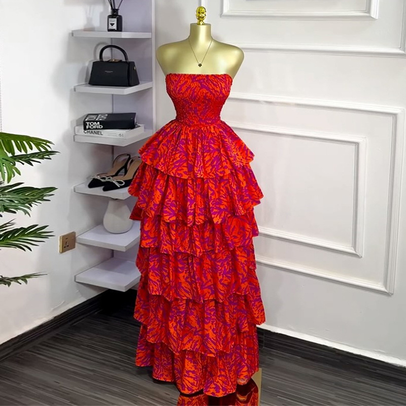 European and American cross-border women's clothing 2025 summer new style temperament strapless print two on ruffle edge sleeveless long dress