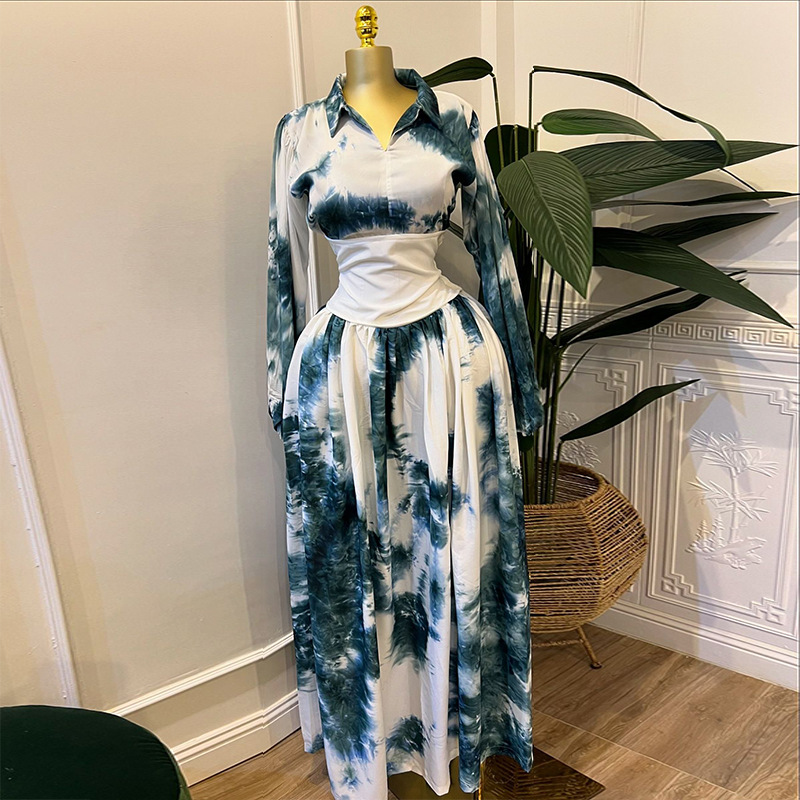European and American women's clothing 2025 spring temperament elegant print collar long sleeved tie waist A-line dress long skirt