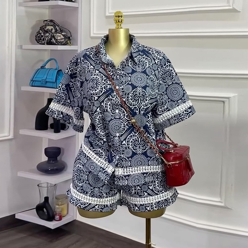 European and American women's clothing 2025 summer new sweet and fresh printed collar short sleeved shirt high waisted shorts casual set