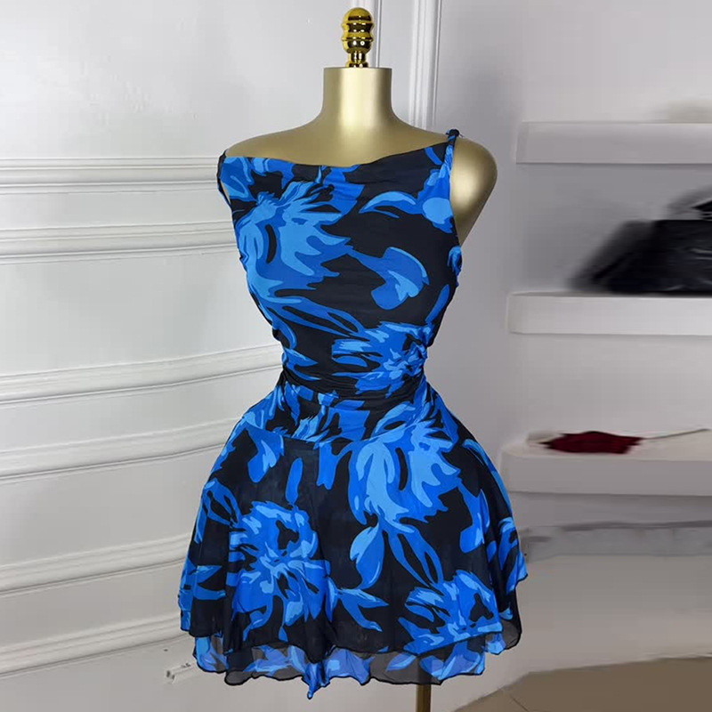 European and American cross-border women's clothing 2025 summer new style temperament slanted collar high waist slimming printed sleeveless short dress