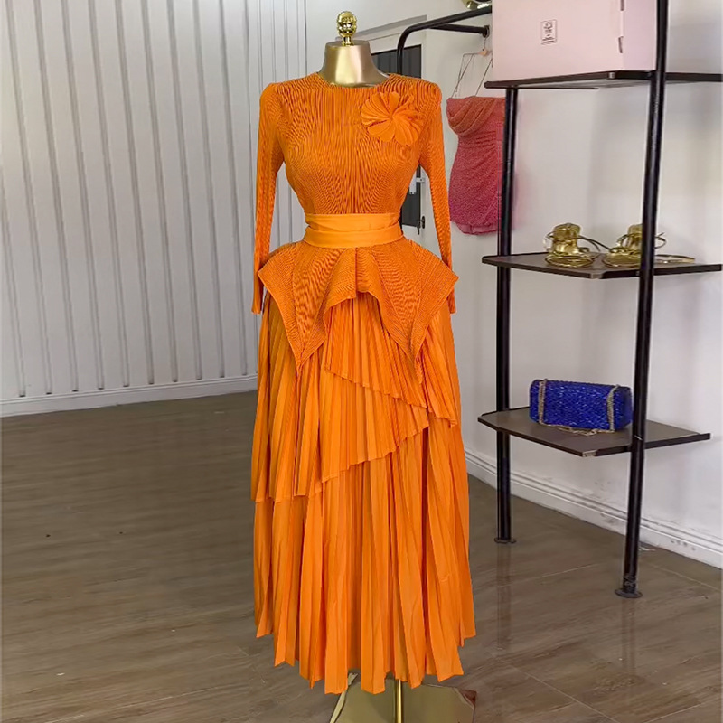 European and American women's clothing 2025 summer new sweet and fresh round neck long sleeved high waisted pleated dress long skirt