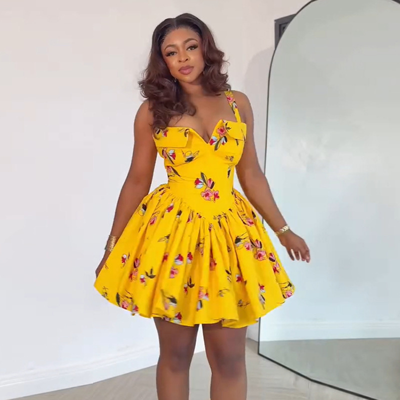 European and American cross-border women's clothing 2025 summer new style temperament square collar printed high waisted A-line irregular short dress