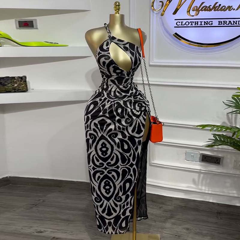 European and American women's clothing 2025 spring new style elegant printed strapless hollow high waist slimming dress