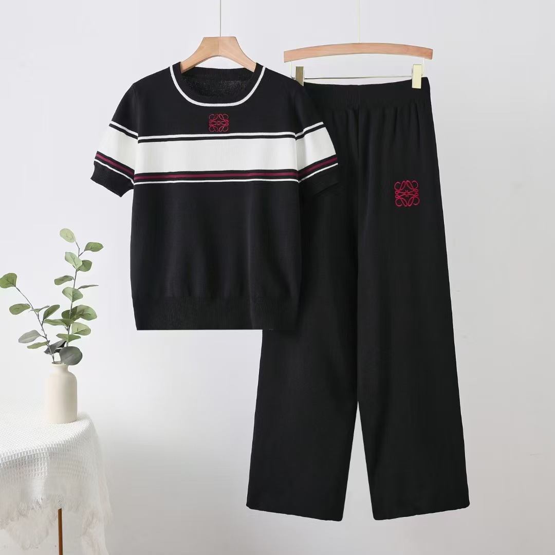 2025 Spring/Summer New Style Color Contrasting Logo Embroidered Stripe Round Leading Knitted Versatile Short Sleeve Casual Set Foreign Trade
