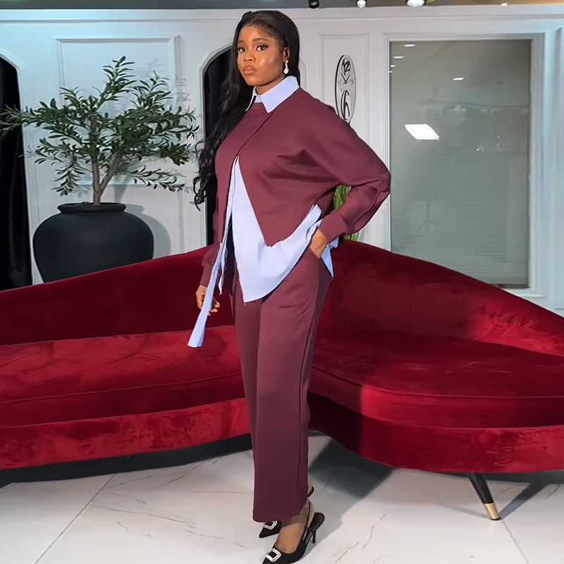 European and American women's clothing 2025 summer new sweet and fresh collared long sleeved shirt hoodie high waist straight leg pants three piece set