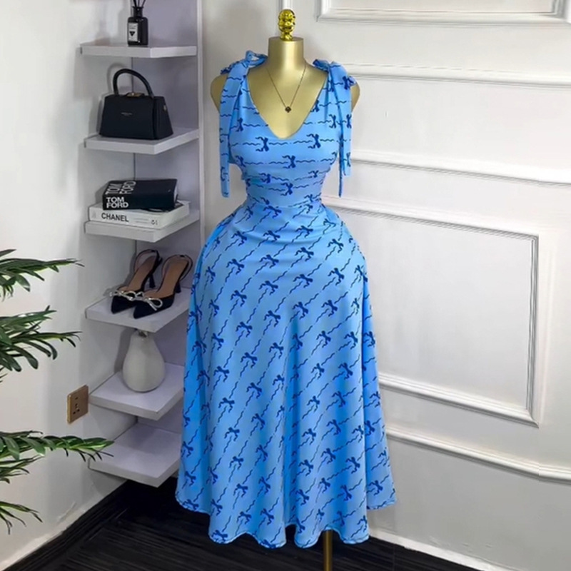 European and American women's clothing 2025 summer new sweet and fresh printed V-neck lace up shoulder high waist slimming dress long skirt