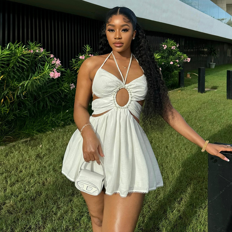 European and American women's clothing 2024 autumn new item sweet and fresh hanging neck rope nail bead high waist dress short skirt