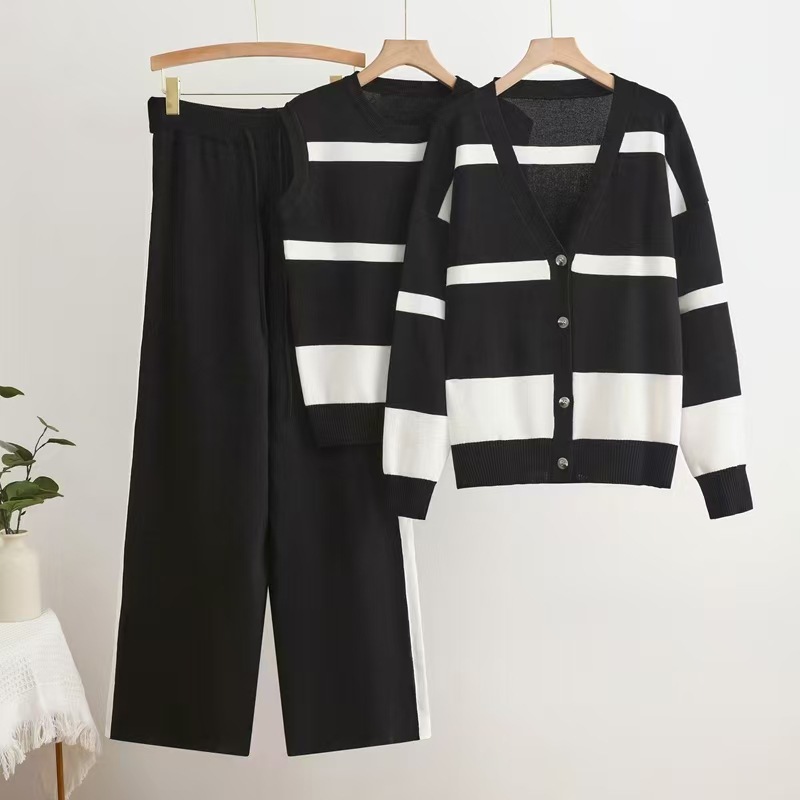 Cross border autumn new style striped sleeveless vest with buttons inside, knitted cardigan top, wide leg pants three piece set