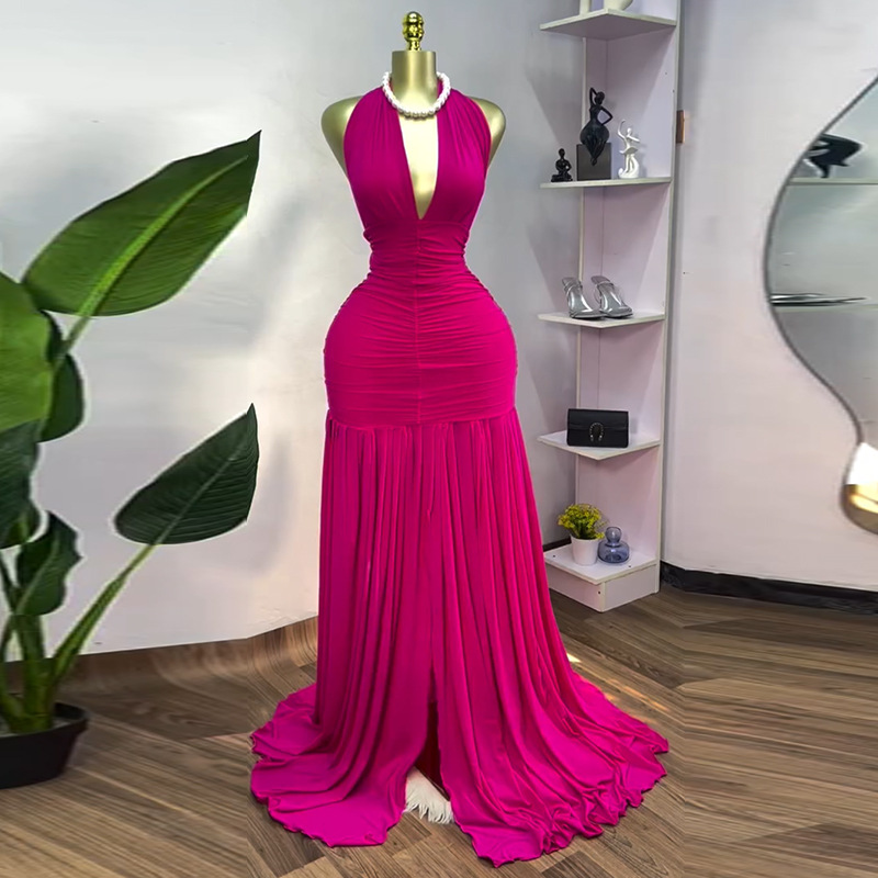 European and American women's clothing 2025 summer new sweet and fresh hanging neck tie V-neck high waist slimming A-line dress long skirt