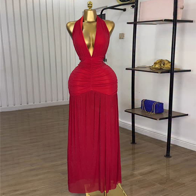 European and American cross-border women's clothing 2025 summer new sexy temperament deep V-neck pleated dress long dress