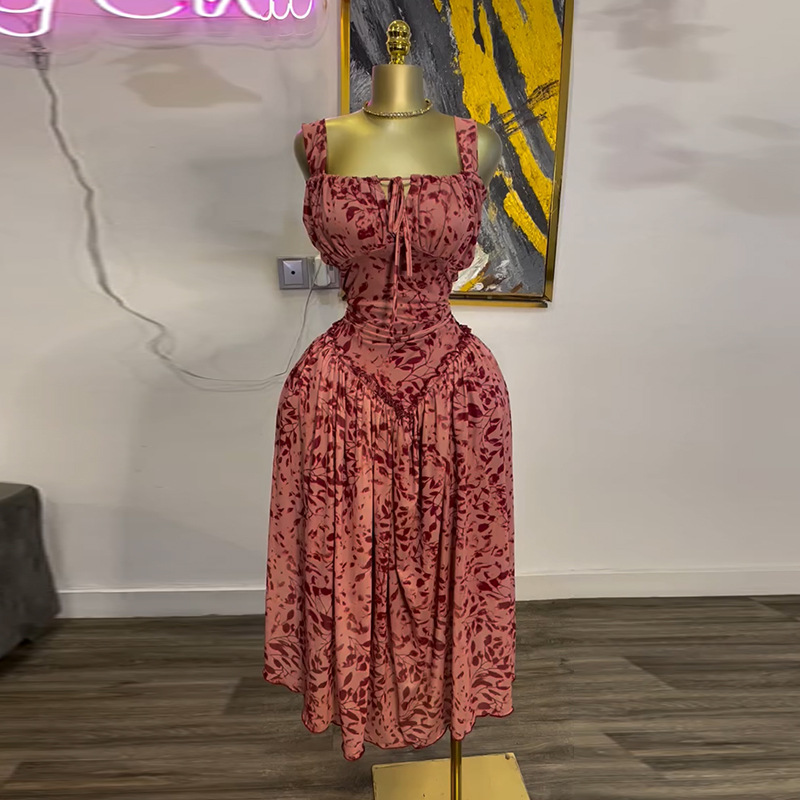 European and American women's clothing 2025 summer new sweet and fresh printed shoulder strap V-neck high waist slimming A-line dress long skirt