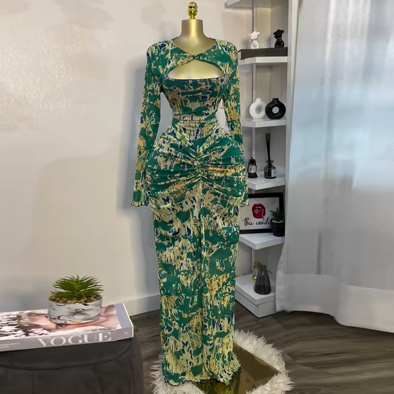 European and American women's clothing 2025 spring new sweet and fresh printed hollow collar long sleeved high waist slimming bag hip dress