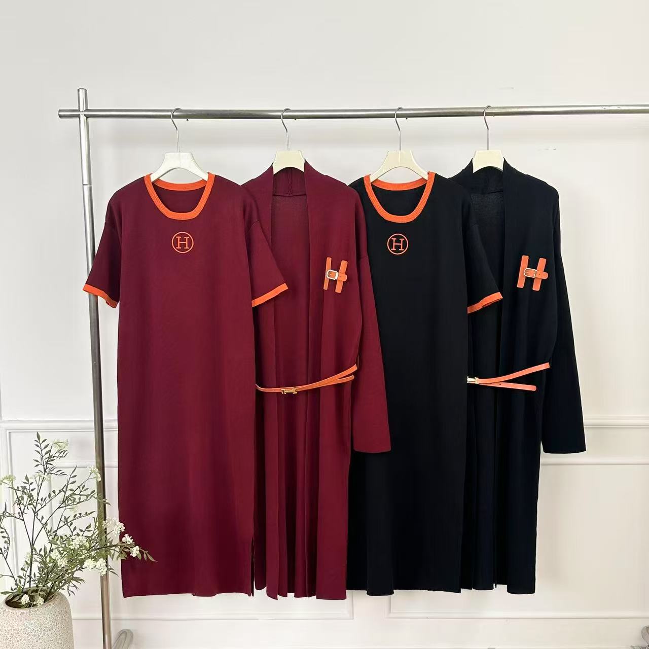 Cross border 25 year new simple and versatile temperament dress, H-letter knitted long cardigan jacket, two-piece set for autumn