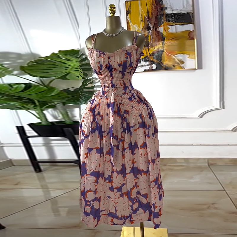European and American women's clothing 2025 summer sweet and fresh printed camisole vest high waist wide leg A-line skirt two-piece set
