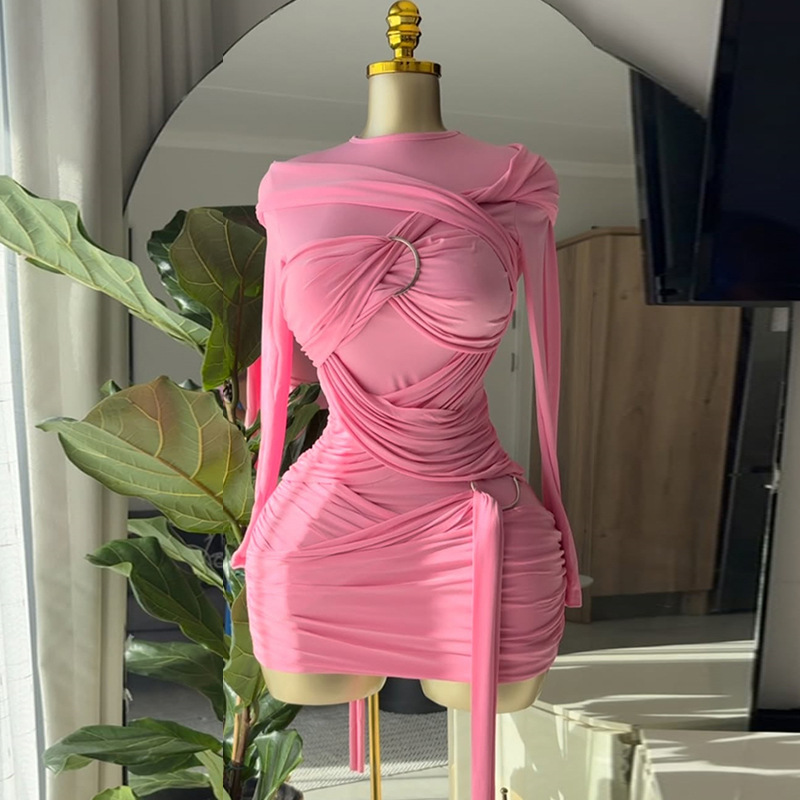European and American women's clothing 2025 summer new sweet and fresh solid color round neck long sleeved high waisted hip hugging dress short skirt