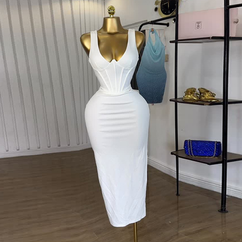 European and American women's clothing 2025 summer new sweet and fresh V-neck waist bag hip pencil skirt dress mid length skirt