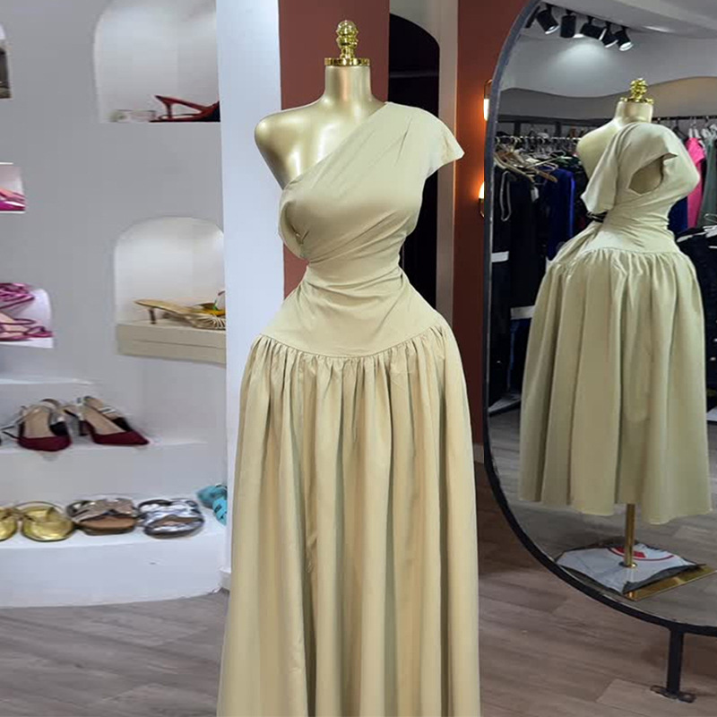 European and American women's clothing 2025 autumn new item sweet and fresh sloping shoulder collar high waist slimming A-line dress long skirt