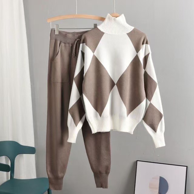 New two-piece women's sweater sportswear winter high neck pullover top knitted harem pants set for women