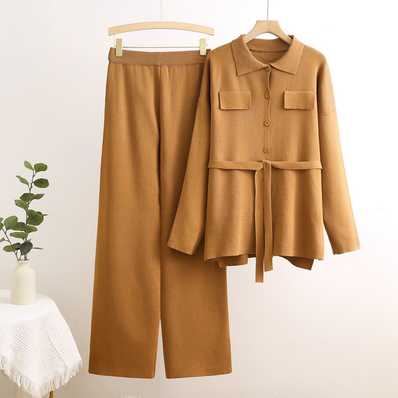 Cross border European and American fashion western-style knitted suit women's 2024 autumn and winter new style pullover sweater wide leg pants suit trend