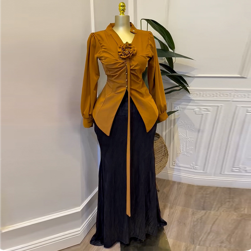 European and American women's clothing 2025 spring new sweet and fresh V-neck lantern sleeve shirt high waisted skirt two-piece set
