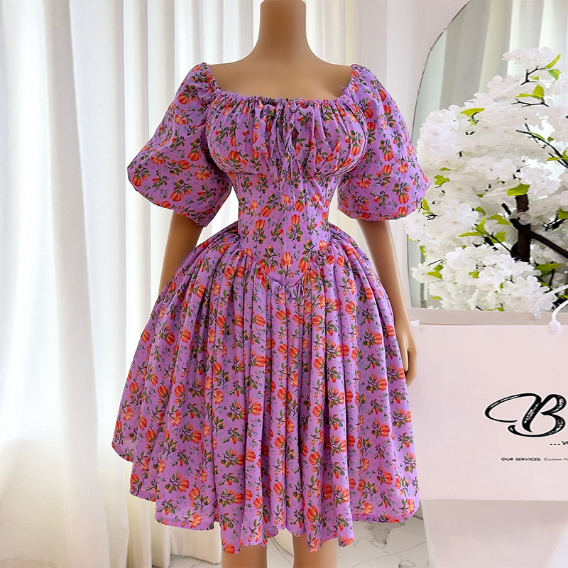 European and American women's clothing 2025 spring new sweet and fresh printed lace up lantern sleeves high waist slimming A-line dress