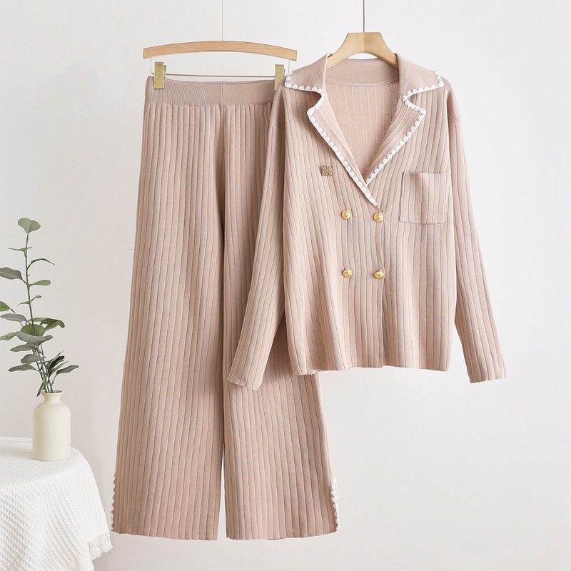 Cross border 2025 autumn and winter new solid color high-end temperament jacket slimming knitted high waisted pants two-piece set