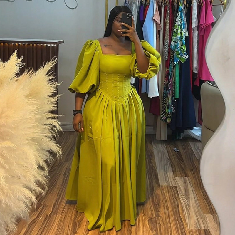European and American women's clothing 2025 summer new sweet and fresh square collar waist tied lantern sleeves A-line dress long skirt