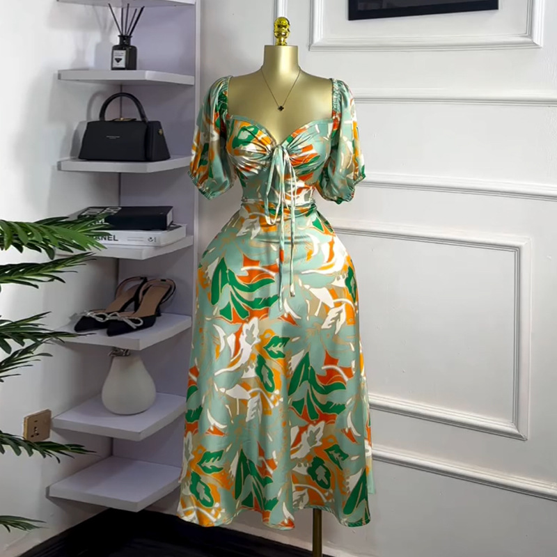 European and American women's clothing 2025 summer new sweet and fresh printed bubble sleeves square collar high waist slimming dress long skirt