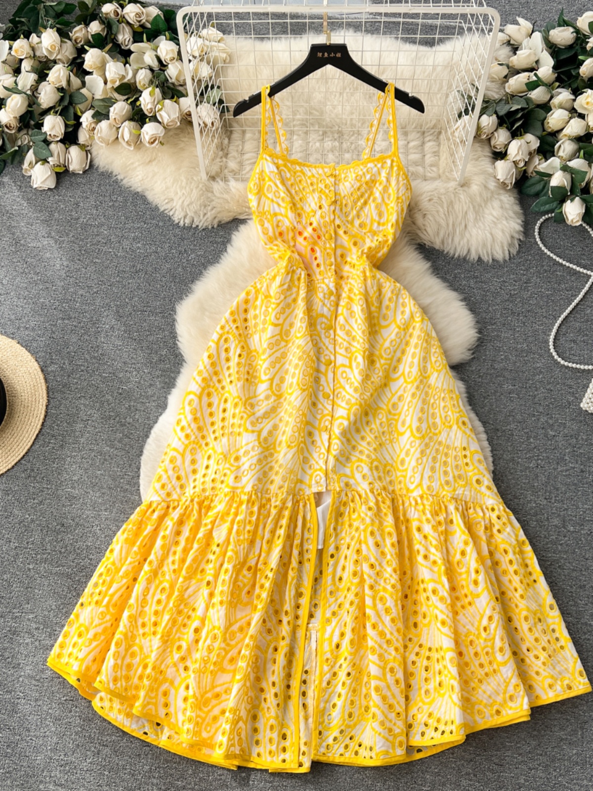 Seaside vacation style printed camisole dress for women in summer with hollowed out slit design, niche and unique super fairy long dress