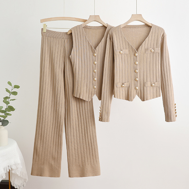 Fashion suit women's Korean version long sleeved V-neck single breasted knitted jacket three piece set vest high waist straight leg wide leg pants