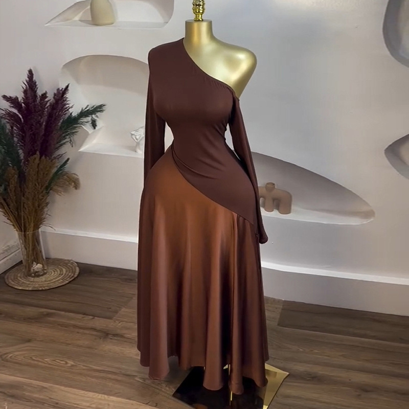 European and American cross-border women's clothing 2025 summer new sexy sloping shoulder brown long sleeved patchwork long dress dress