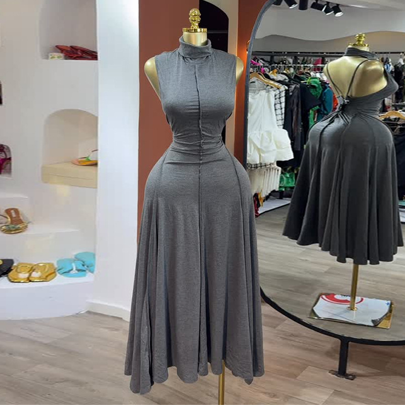 European and American women's clothing 2025 summer new style sweet and fresh hanging neck stand up collar backless high waist slimming A-line dress long skirt
